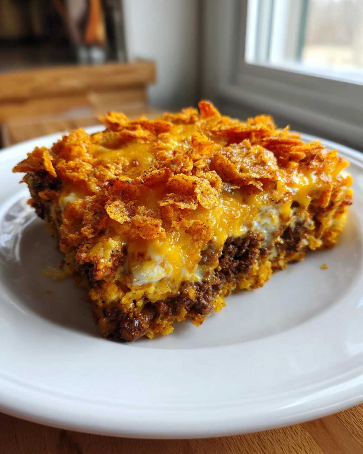 A close-up of a square slice of Dorito Casserole featuring ground meat, cheese, and a crunchy, seasoned Dorito topping.