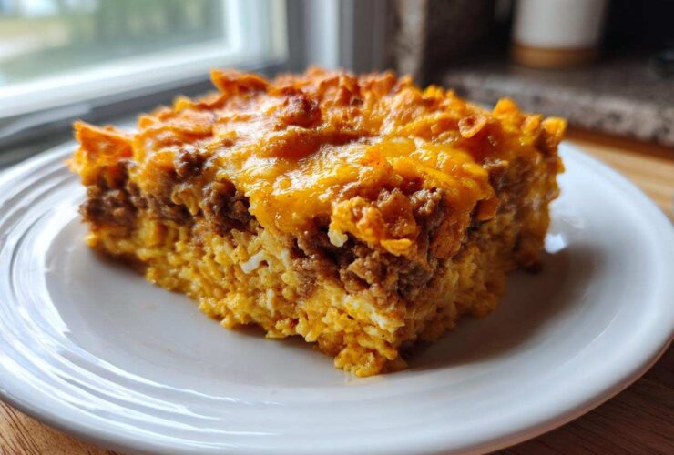 A close-up view of a hearty slice of Dorito Casserole with layers of meat, rice, and melted cheese topping.