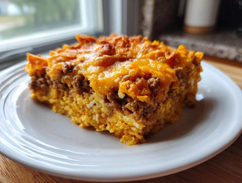 A close-up view of a hearty slice of Dorito Casserole with layers of meat, rice, and melted cheese topping.