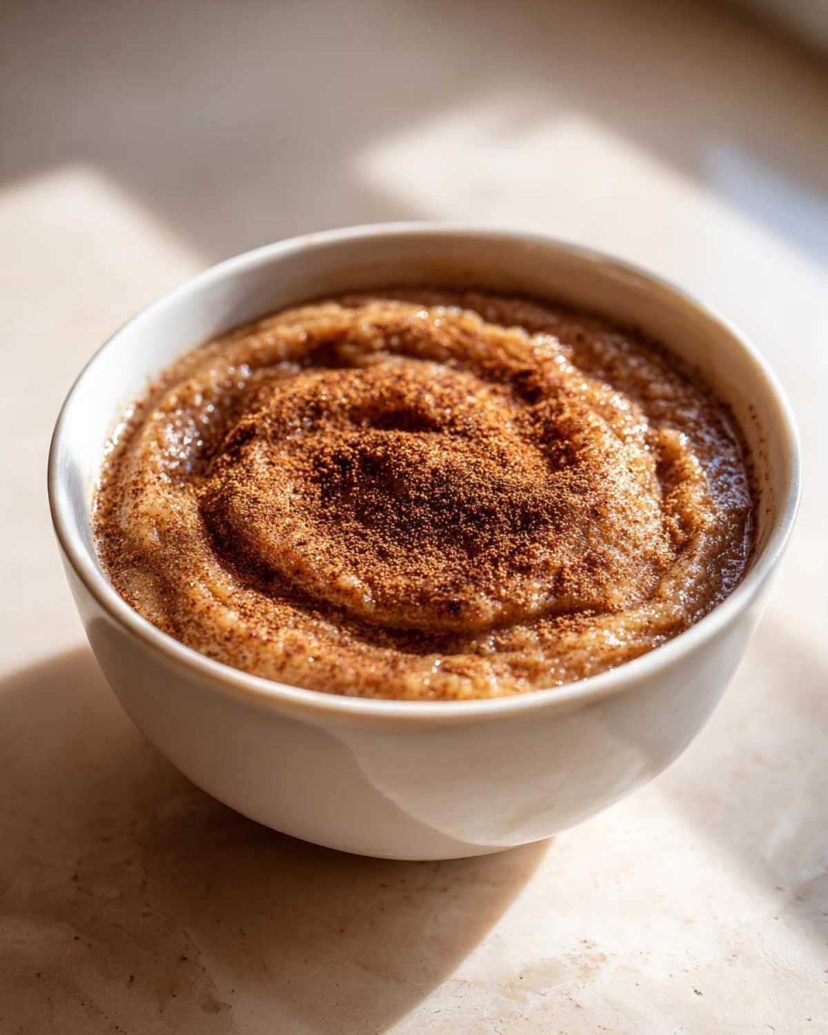 Close-up of a white bowl filled with homemade applesauce, generously topped with ground cinnamon.