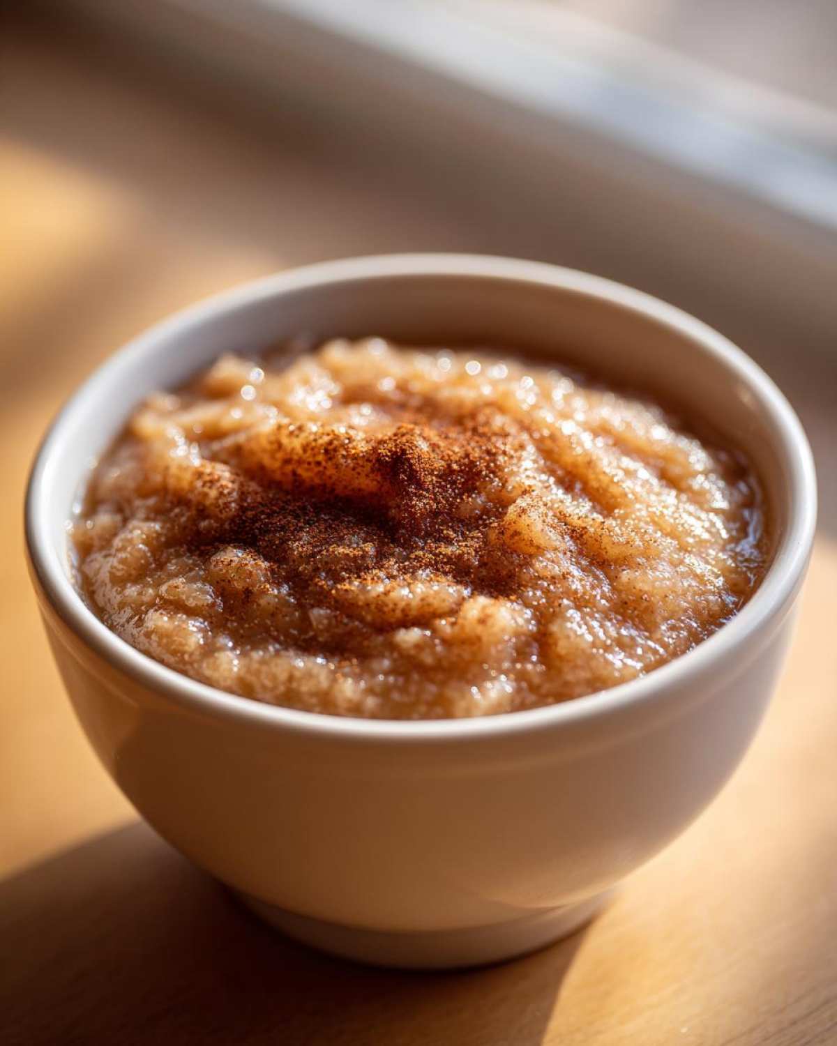 Close-up of a white bowl filled with chunky homemade applesauce, topped with a sprinkle of cinnamon.