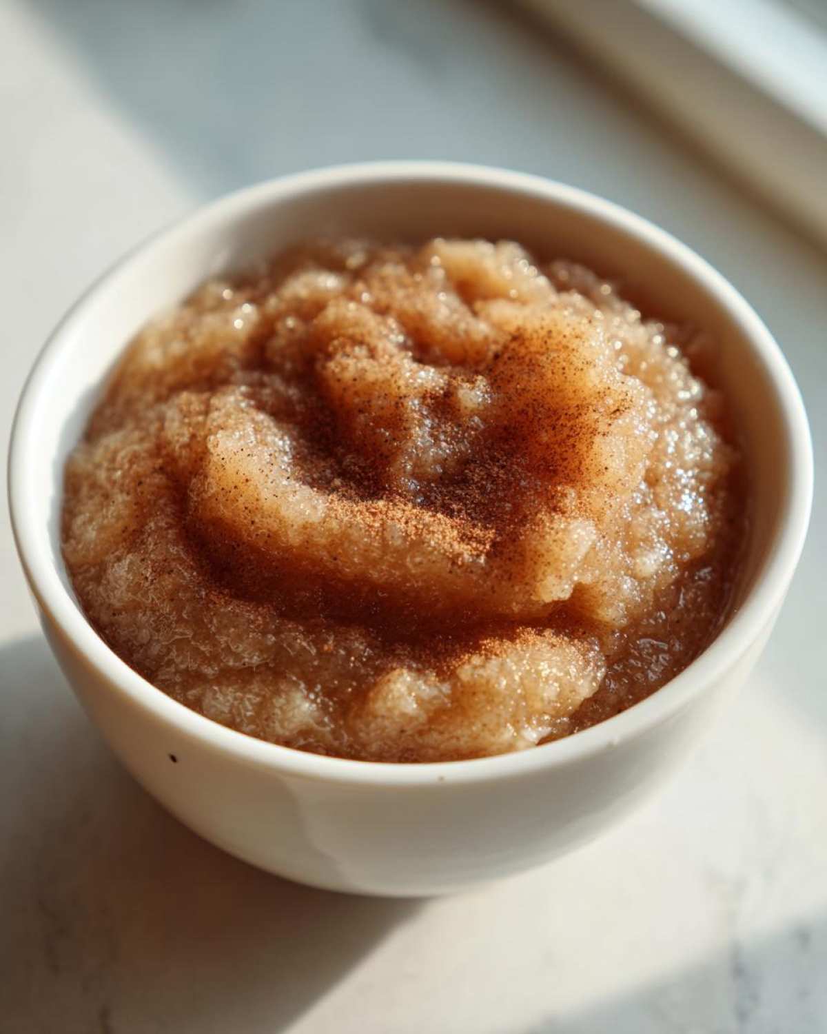 Close-up of homemade applesauce topped with cinnamon in a small white bowl.