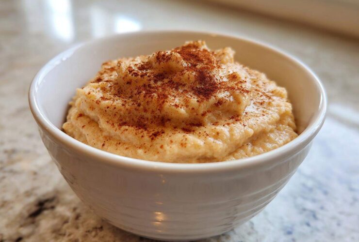 Close-up of creamy homemade applesauce topped generously with ground cinnamon in a white bowl.
