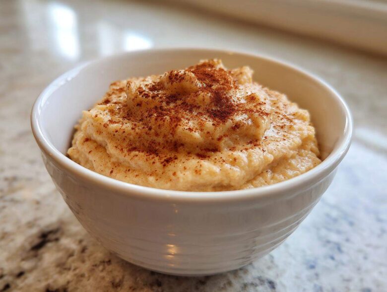 Close-up of creamy homemade applesauce topped generously with ground cinnamon in a white bowl.