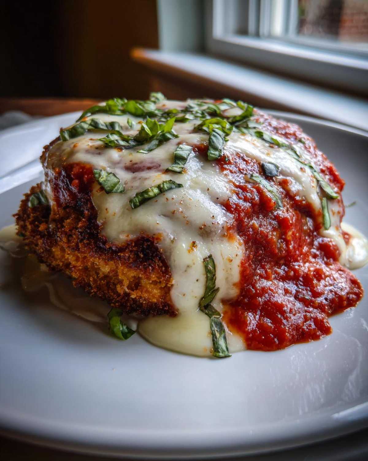 A close-up of a breaded chicken breast topped with melted mozzarella, marinara sauce, and fresh basil, representing Easy Chicken Parmesan.