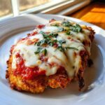 Two pieces of crispy breaded chicken topped with marinara sauce, melted mozzarella, and fresh basil for Easy Chicken Parmesan.