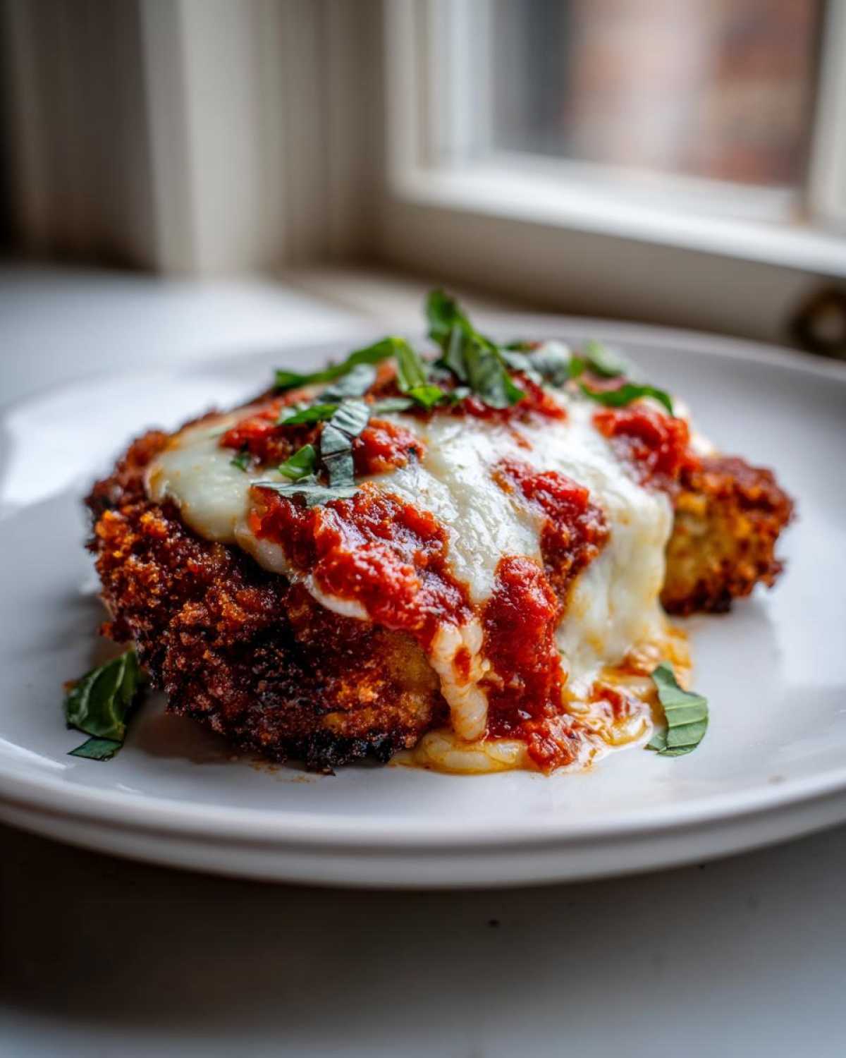 A close-up of a crispy, breaded chicken Parmesan topped with melted mozzarella, marinara sauce, and fresh basil.
