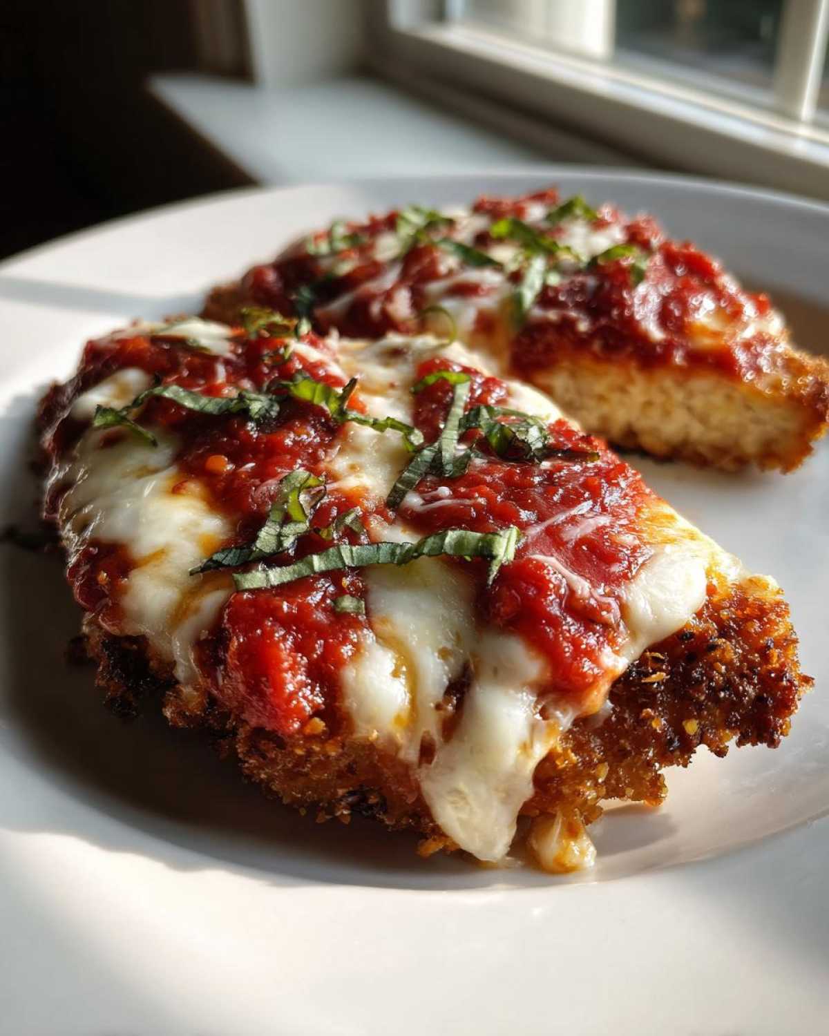 Two pieces of Easy Chicken Parmesan topped with melted mozzarella, marinara sauce, and fresh basil.