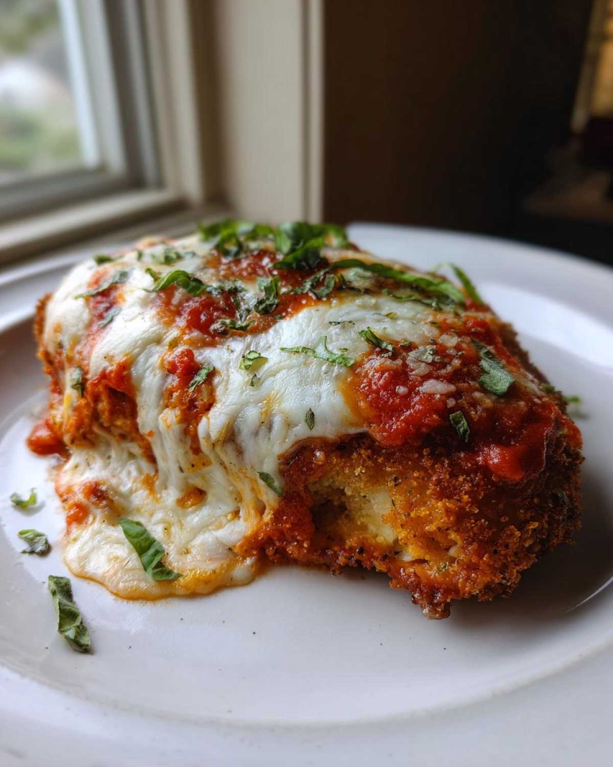 A close-up of a serving of Easy Chicken Parmesan topped with melted mozzarella, marinara sauce, and fresh basil.