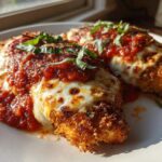 Two golden, breaded cutlets of Easy Chicken Parmesan topped with melted mozzarella and rich marinara sauce.