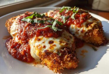 Two golden, breaded cutlets of Easy Chicken Parmesan topped with melted mozzarella and rich marinara sauce.