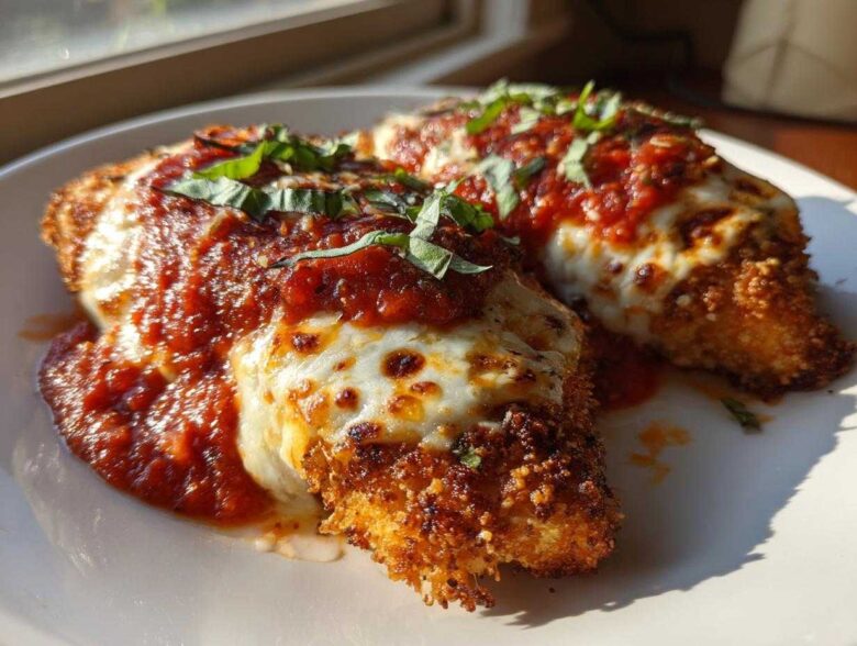 Two golden, breaded cutlets of Easy Chicken Parmesan topped with melted mozzarella and rich marinara sauce.