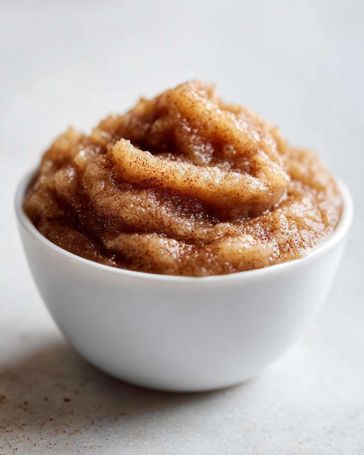 Close-up of homemade applesauce, spiced with cinnamon, served in a small white bowl.