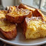 A close-up of several thick slices of golden brown easy french toast drizzled with syrup on a white plate.