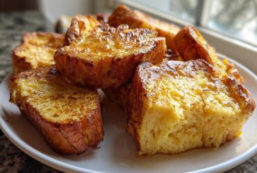 A close-up of several thick slices of golden brown easy french toast drizzled with syrup on a white plate.