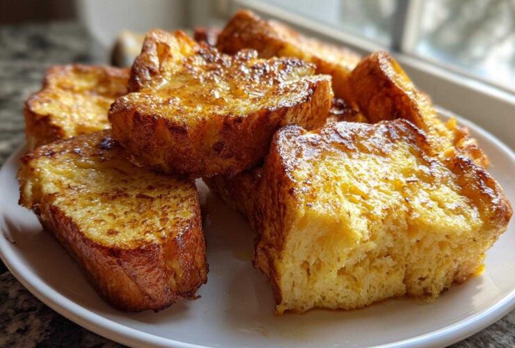 A close-up of several thick slices of golden brown easy french toast drizzled with syrup on a white plate.