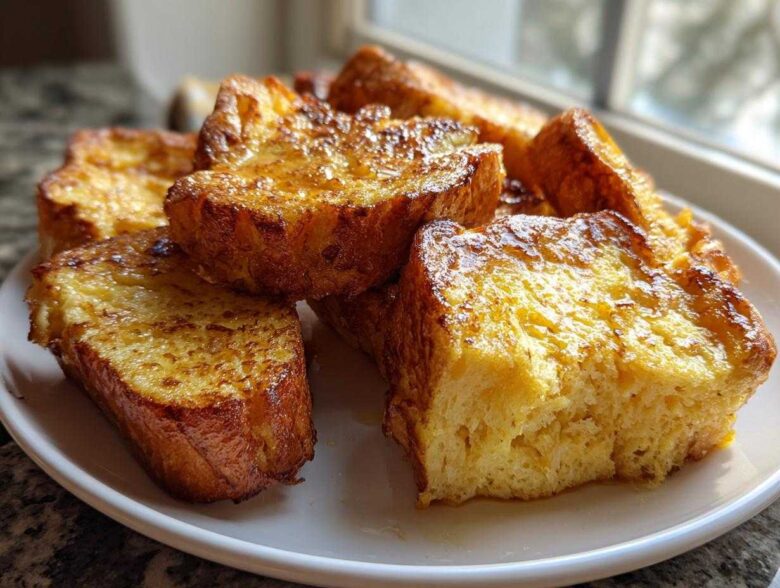 A close-up of several thick slices of golden brown easy french toast drizzled with syrup on a white plate.
