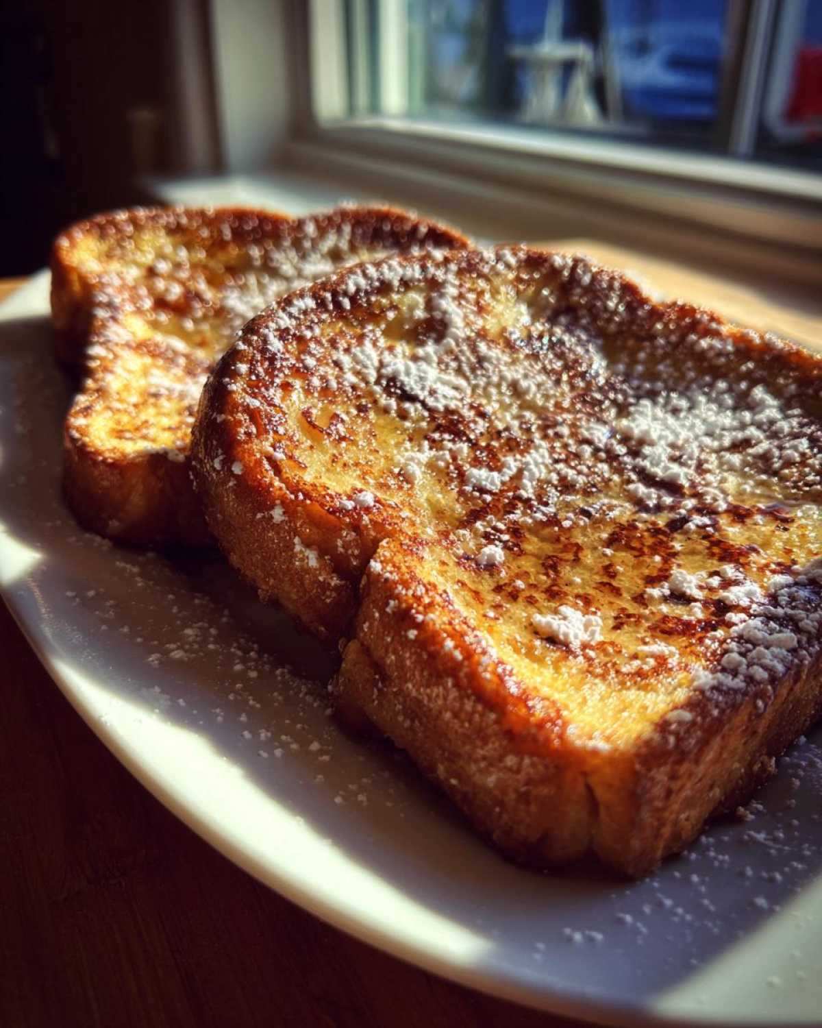 Two slices of golden brown easy french toast dusted heavily with powdered sugar on a white plate.