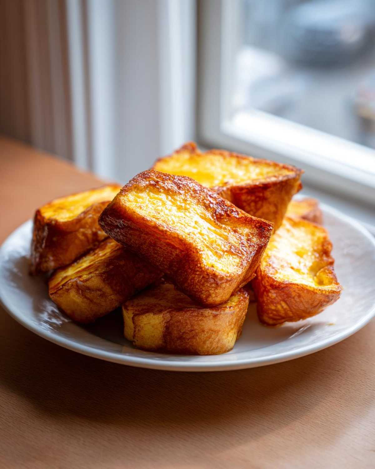 A stack of thick-cut, golden brown easy french toast pieces piled on a white plate near a window.