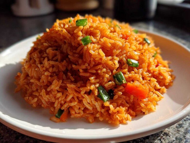 A close-up of a perfectly mounded serving of bright orange Spanish rice garnished with green onions and diced red pepper.