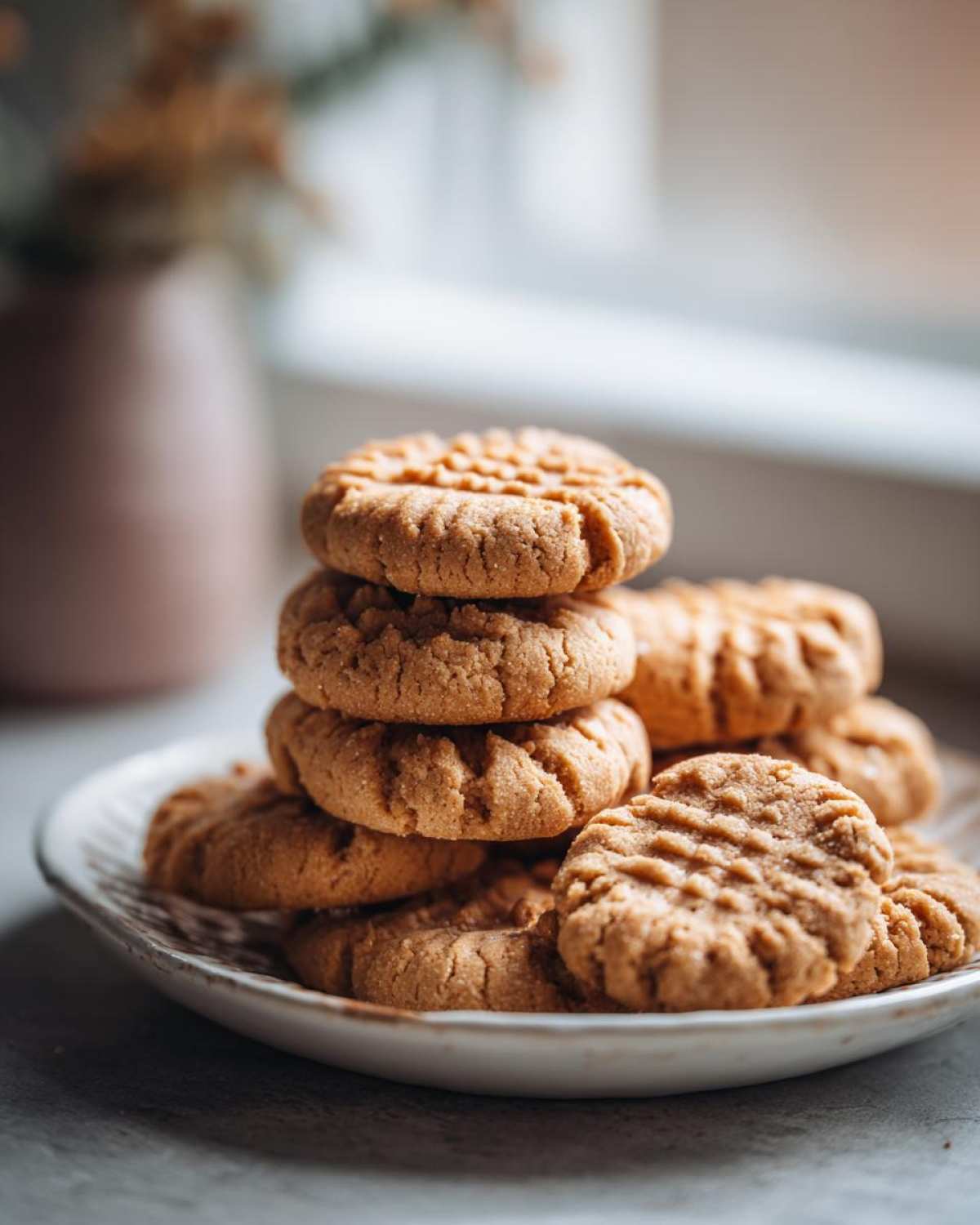 A close-up stack of golden brown Easy Peanut Butter Cookies showing classic crisscross fork marks on a rustic white plate.