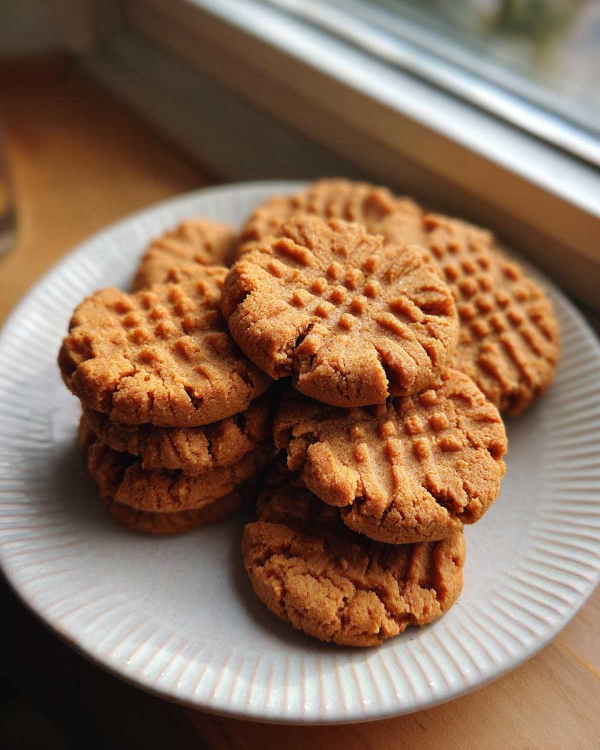 A stack of golden brown Easy Peanut Butter Cookies with classic fork crosshatch marks, resting on a light-colored plate.