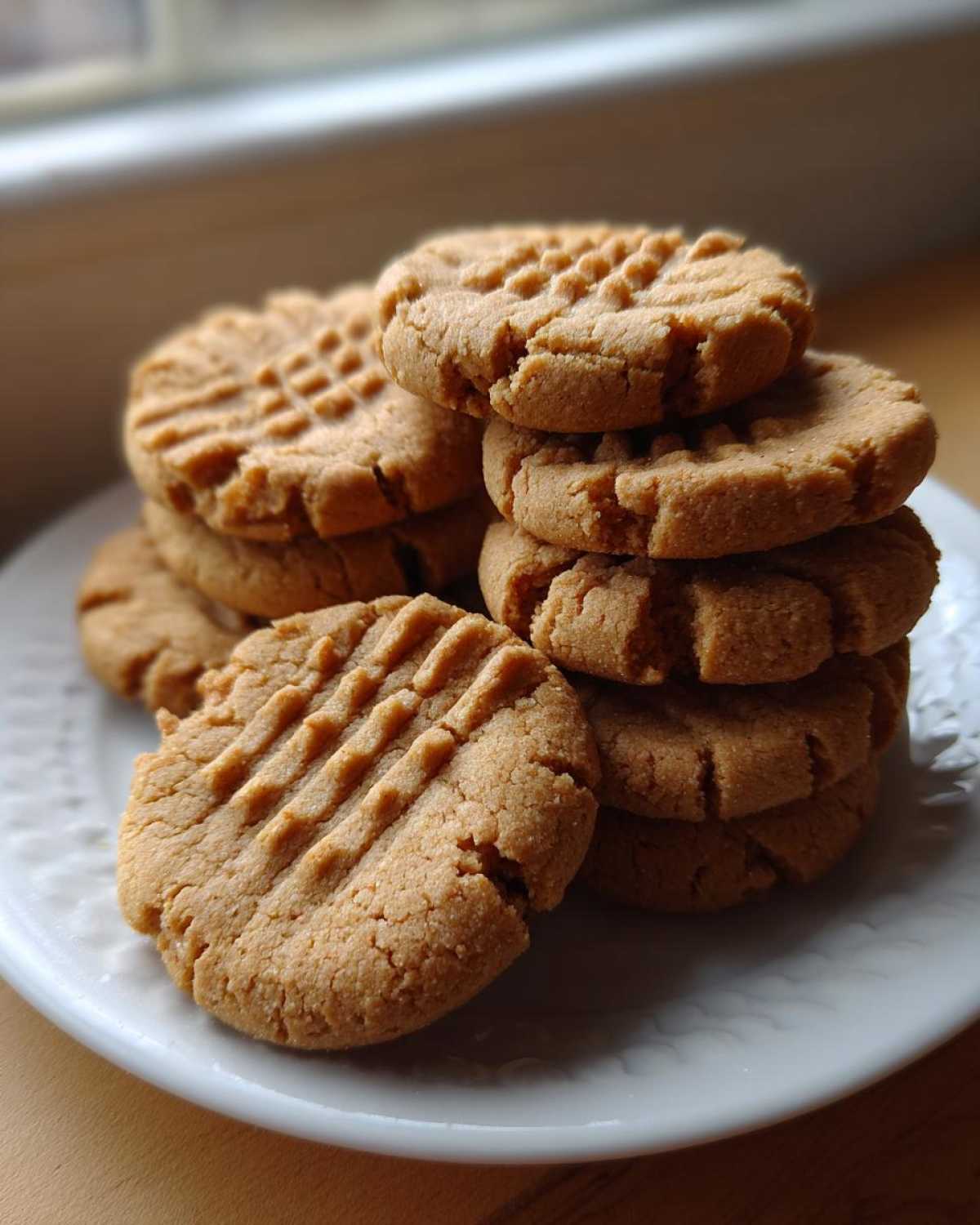 A stack of freshly baked Easy Peanut Butter Cookies showing classic crisscross fork marks, served on a white plate.