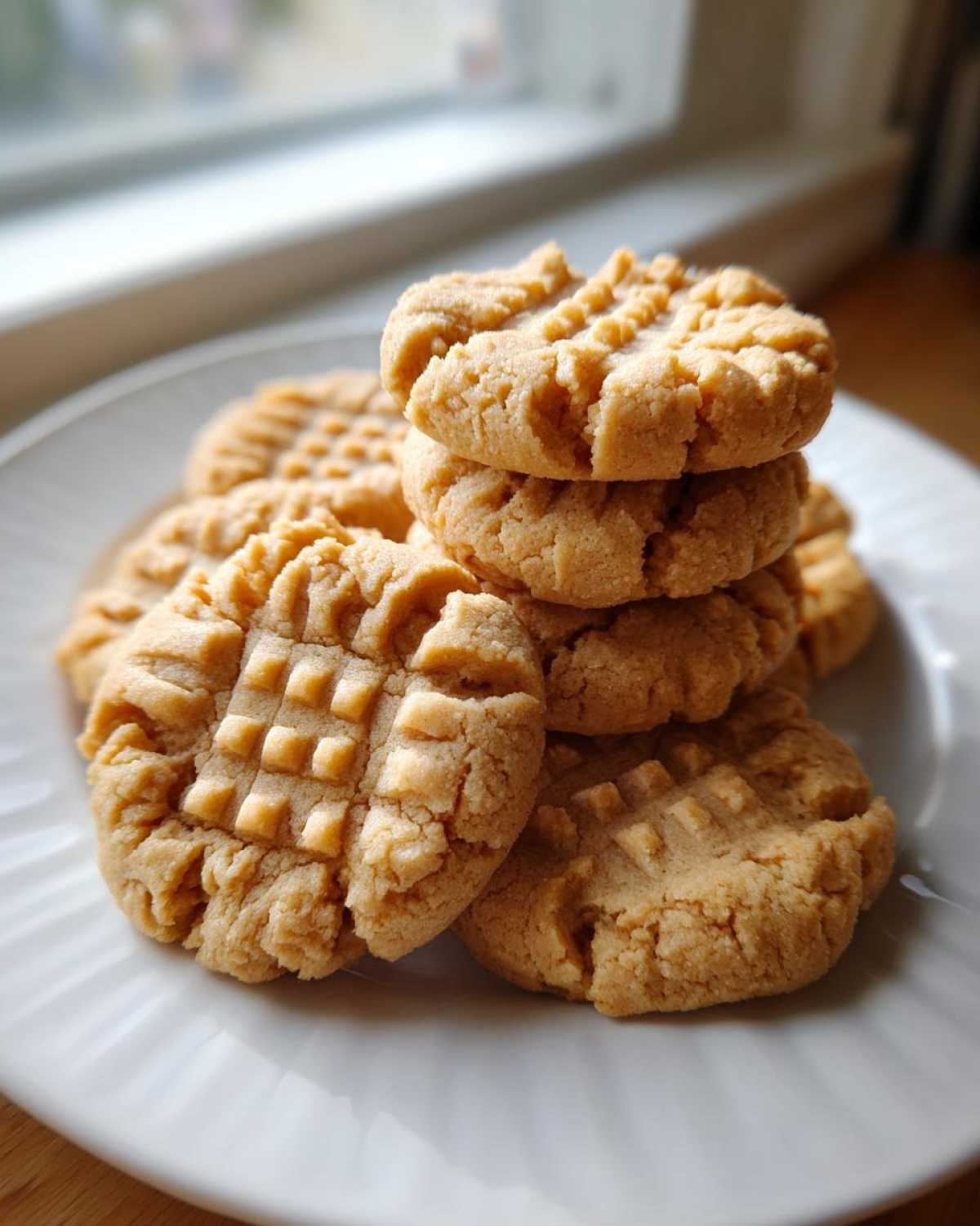 A stack of freshly baked Easy Peanut Butter Cookies with classic criss-cross fork marks on a white plate.