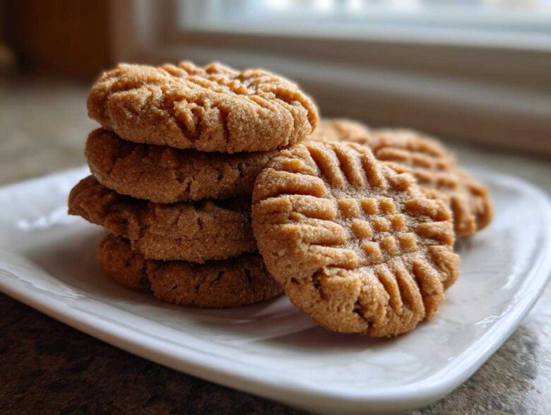 A stack of freshly baked Easy Peanut Butter Cookies showing classic crisscross fork marks on a white plate.