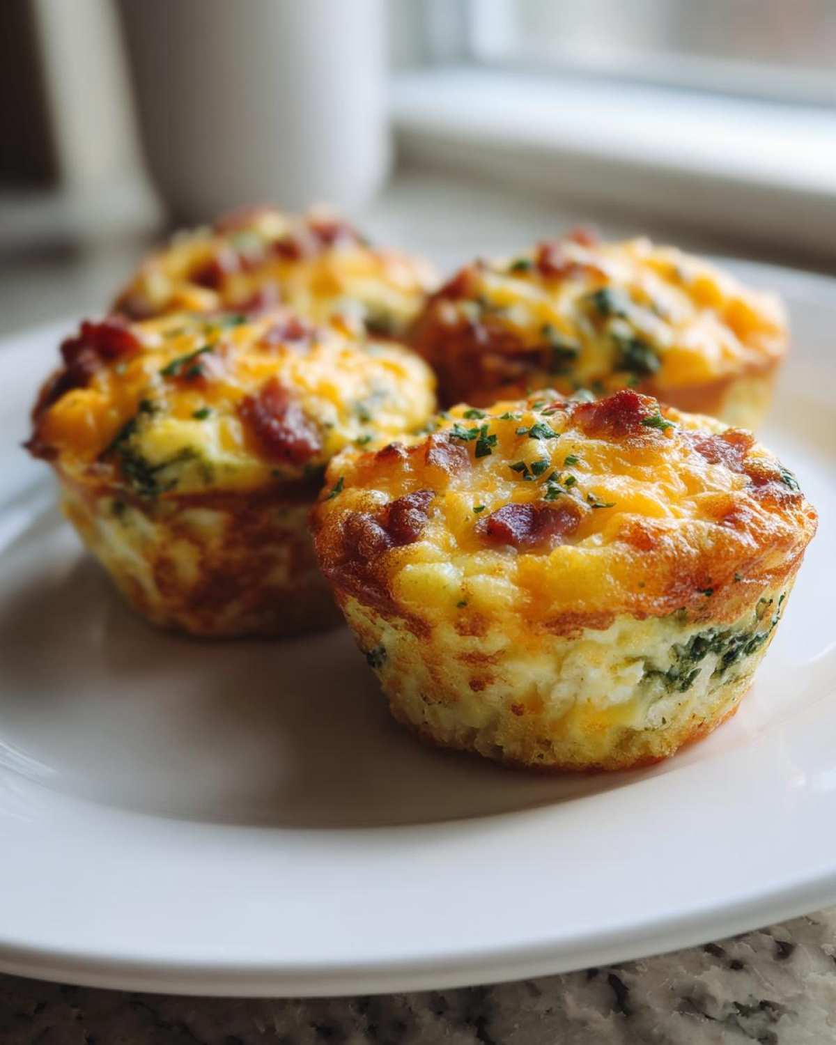 Four freshly baked Egg Muffin Cups topped with melted cheddar cheese and bacon bits on a white plate.