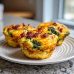 Three savory Egg Muffin Cups topped with melted cheese and crispy bacon bits on a white plate.