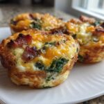 Close-up photo of three freshly baked Egg Muffin Cups topped with melted cheese and crispy bacon pieces.