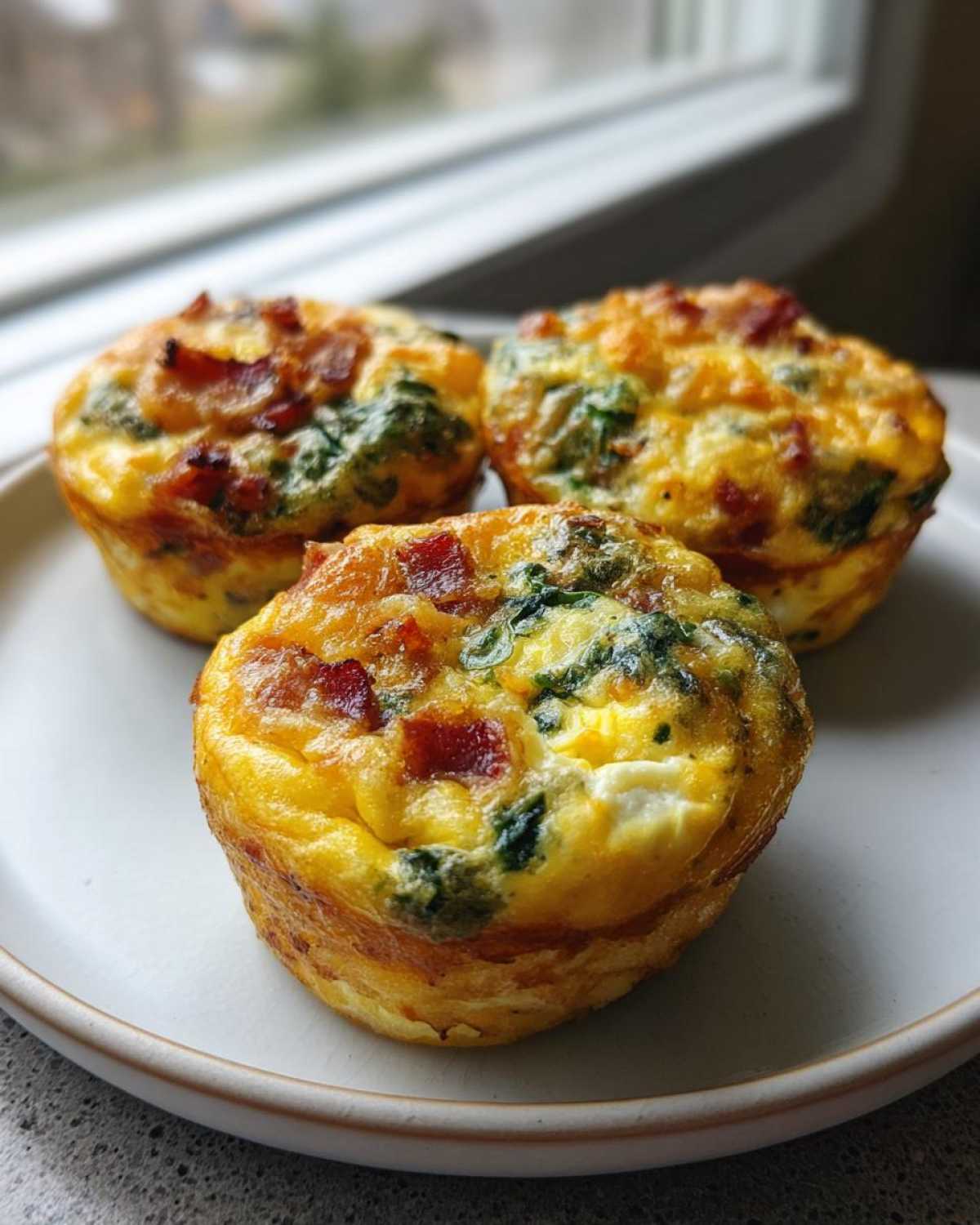 Three freshly baked Egg Muffin Cups with bacon and spinach served on a light plate near a window.