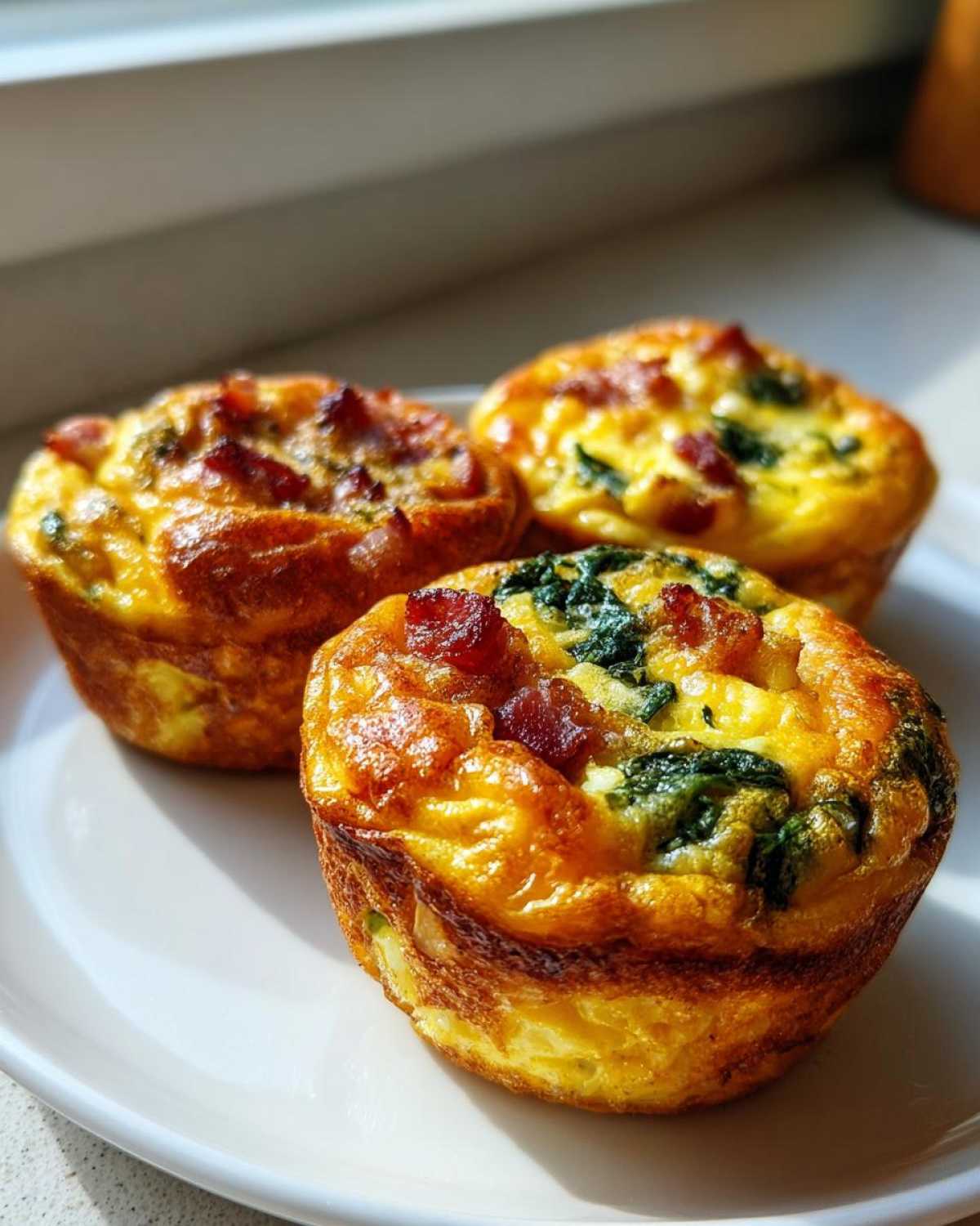 Three golden-brown Egg Muffin Cups topped with bacon and spinach, sitting on a white plate.