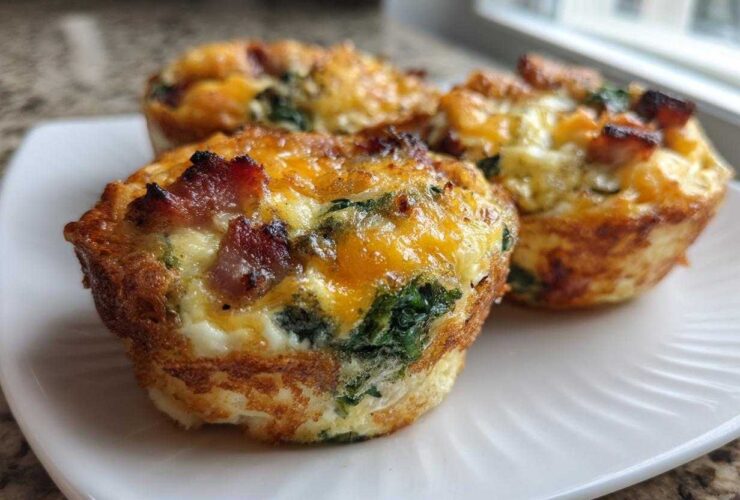 Close-up photo of three freshly baked Egg Muffin Cups topped with melted cheese and crispy bacon pieces.