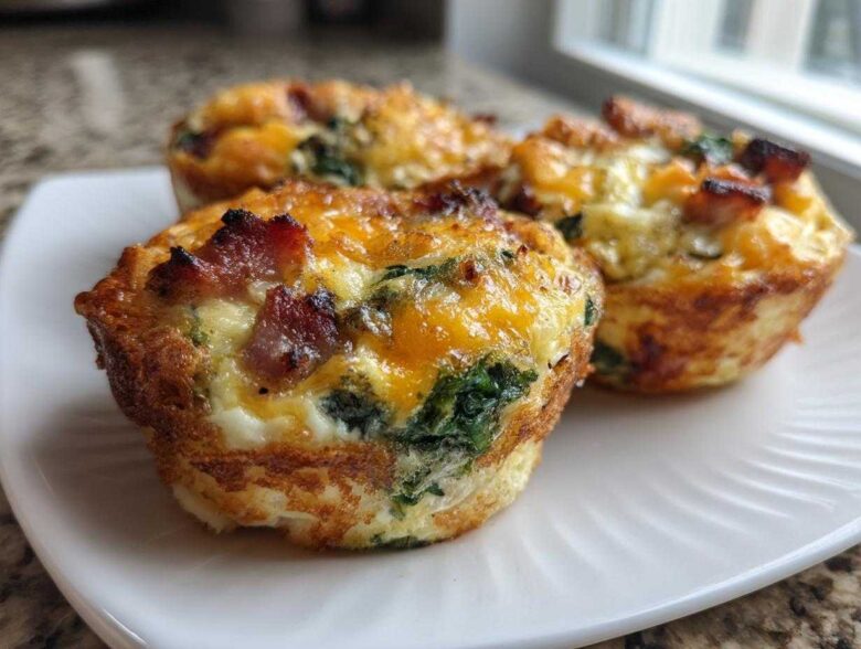 Close-up photo of three freshly baked Egg Muffin Cups topped with melted cheese and crispy bacon pieces.