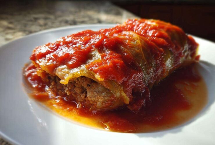 A single serving of savory cabbage rolls smothered in rich tomato sauce, served on a white plate.