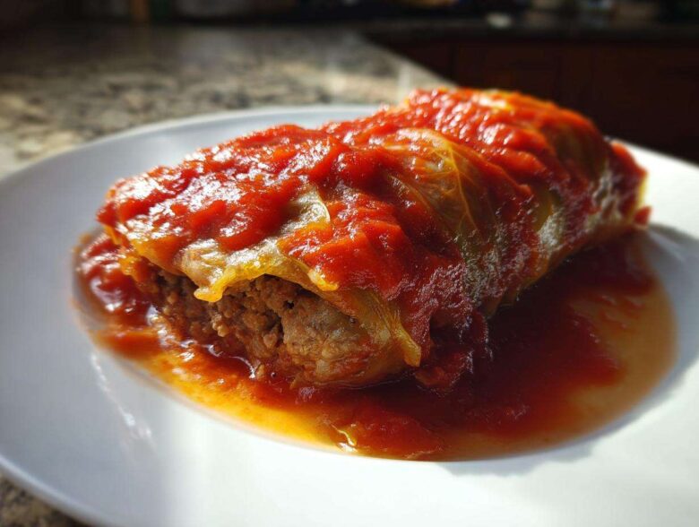A single serving of savory cabbage rolls smothered in rich tomato sauce, served on a white plate.
