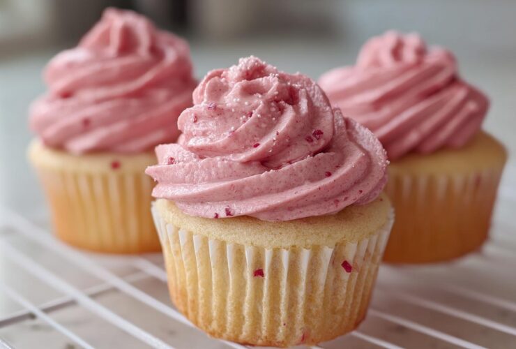 Three delicious strawberry cupcakes with light yellow cake bases and vibrant pink, swirled frosting speckled with berry pieces.