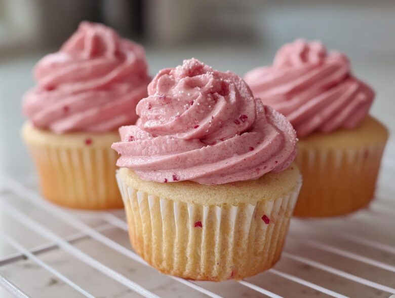 Three delicious strawberry cupcakes with light yellow cake bases and vibrant pink, swirled frosting speckled with berry pieces.