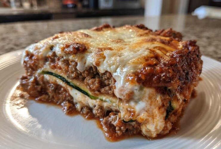 A close-up of a hearty slice of zucchini lasagna, showing layers of meat sauce, cheese, and a visible zucchini noodle.