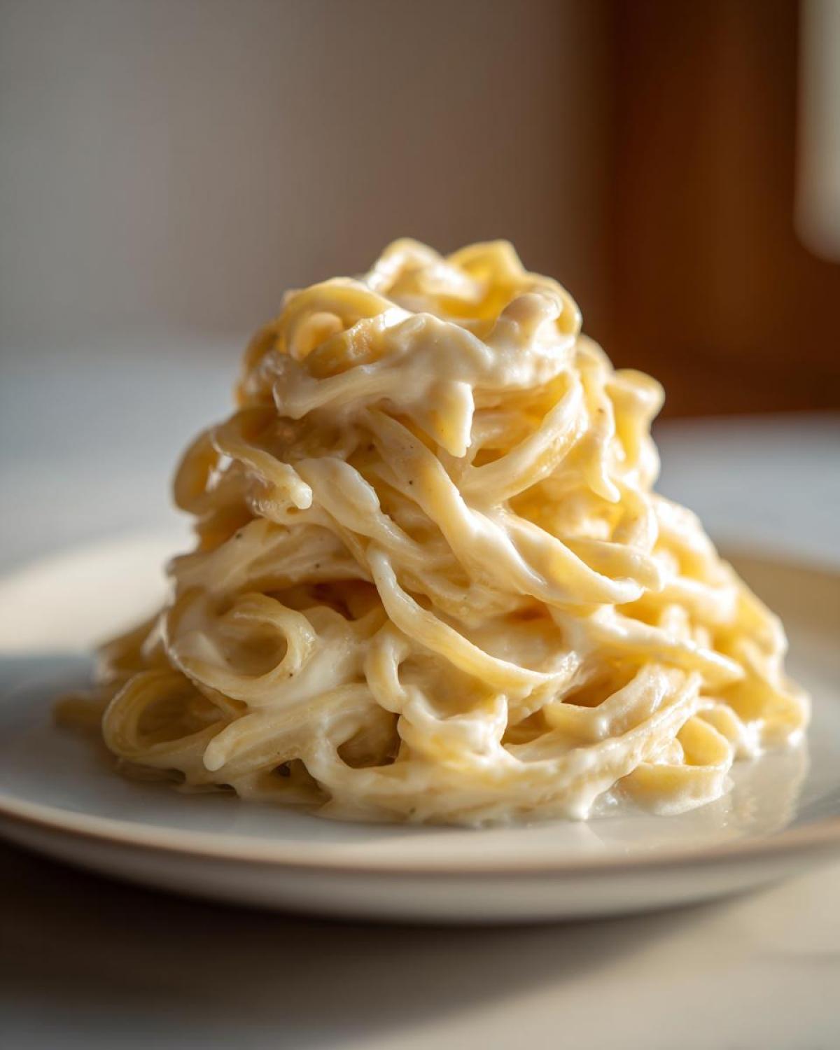 A tall mound of fettuccine pasta generously coated in rich homemade alfredo sauce on a light plate.