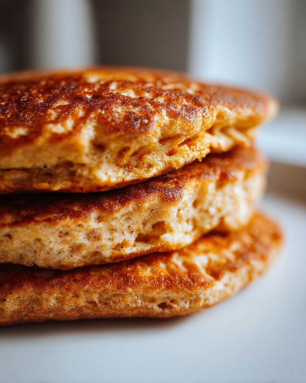 Close-up of a stack of three golden-brown, fluffy almond flour pancakes.