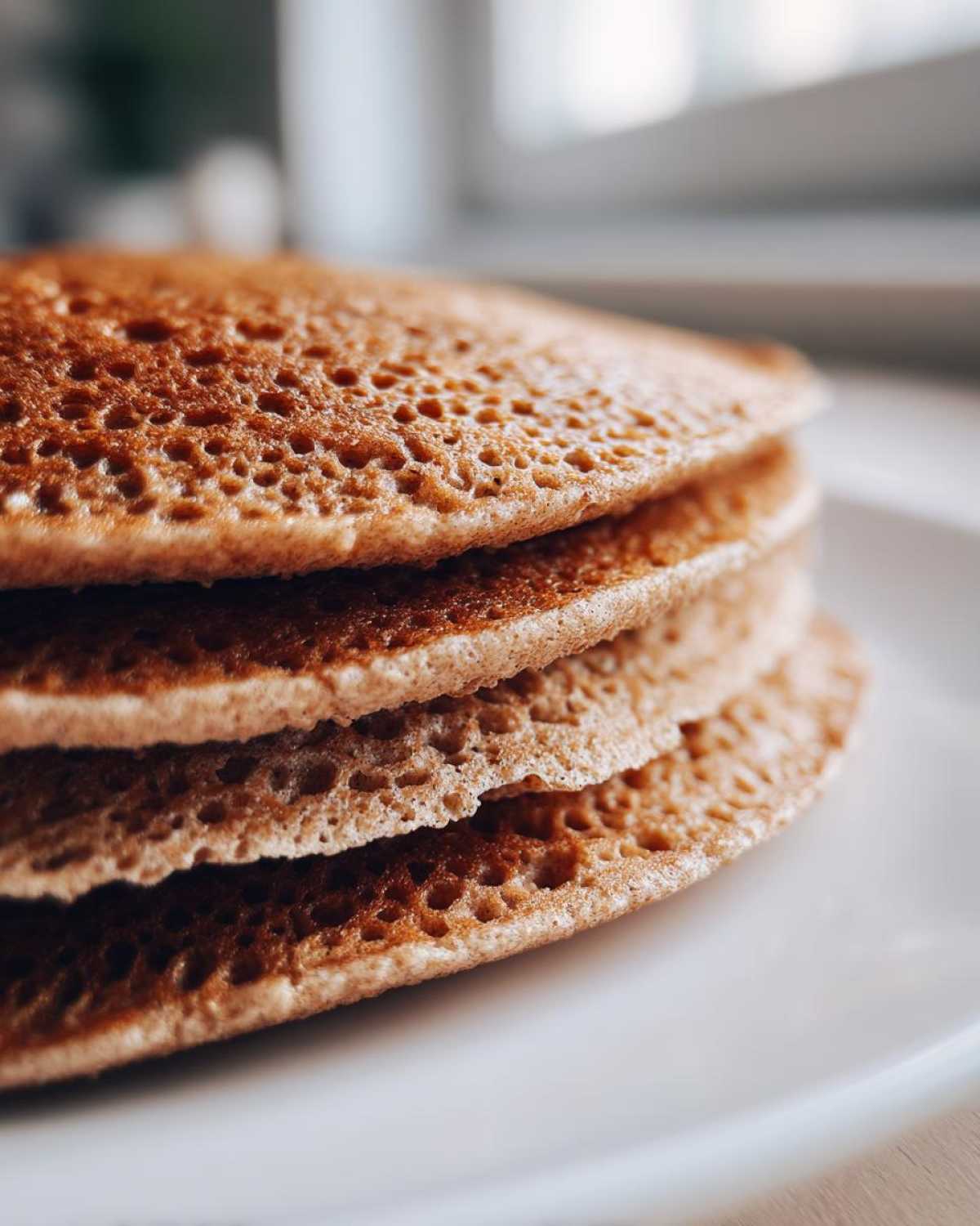 Close-up of a stack of four fluffy almond flour pancakes showing their porous, golden-brown texture on a white plate.