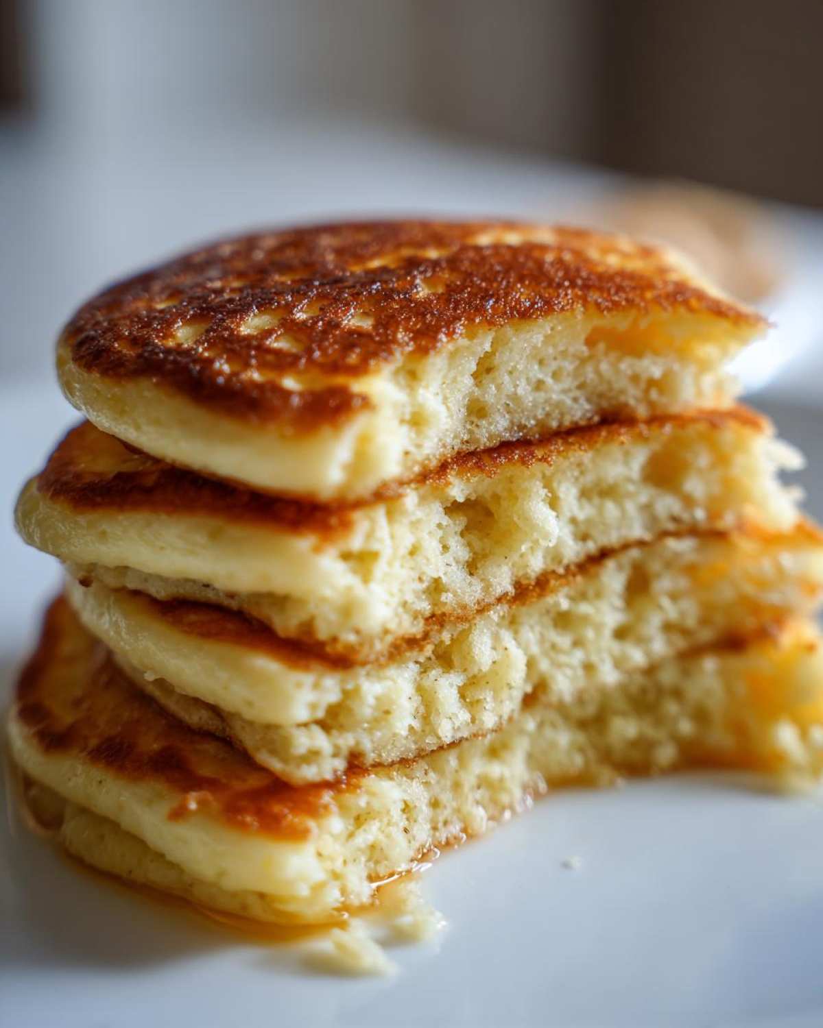 Close-up of a stack of fluffy almond flour pancakes showing the airy interior texture and golden brown edges.