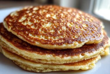 Close-up of a fluffy stack of golden brown almond flour pancakes showing perfect air bubbles.