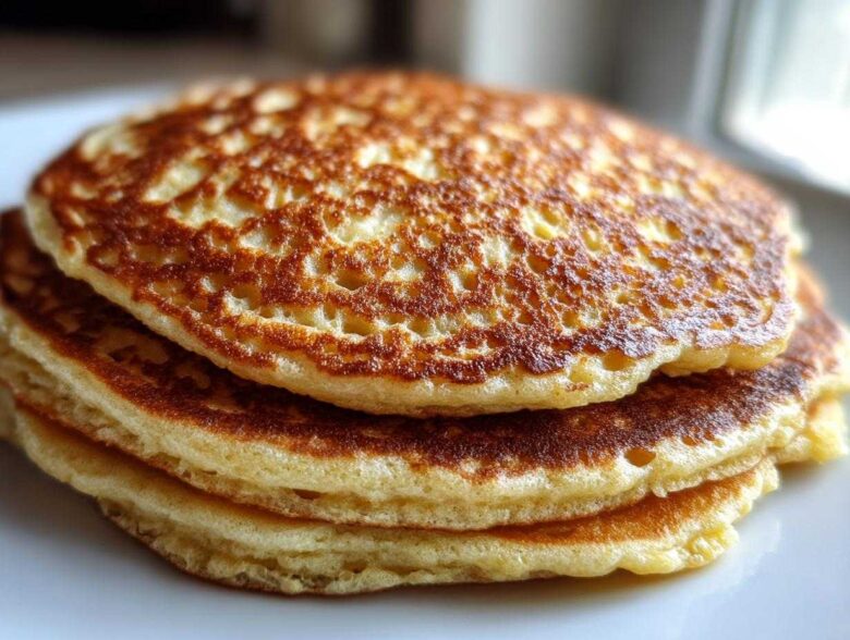 Close-up of a fluffy stack of golden brown almond flour pancakes showing perfect air bubbles.