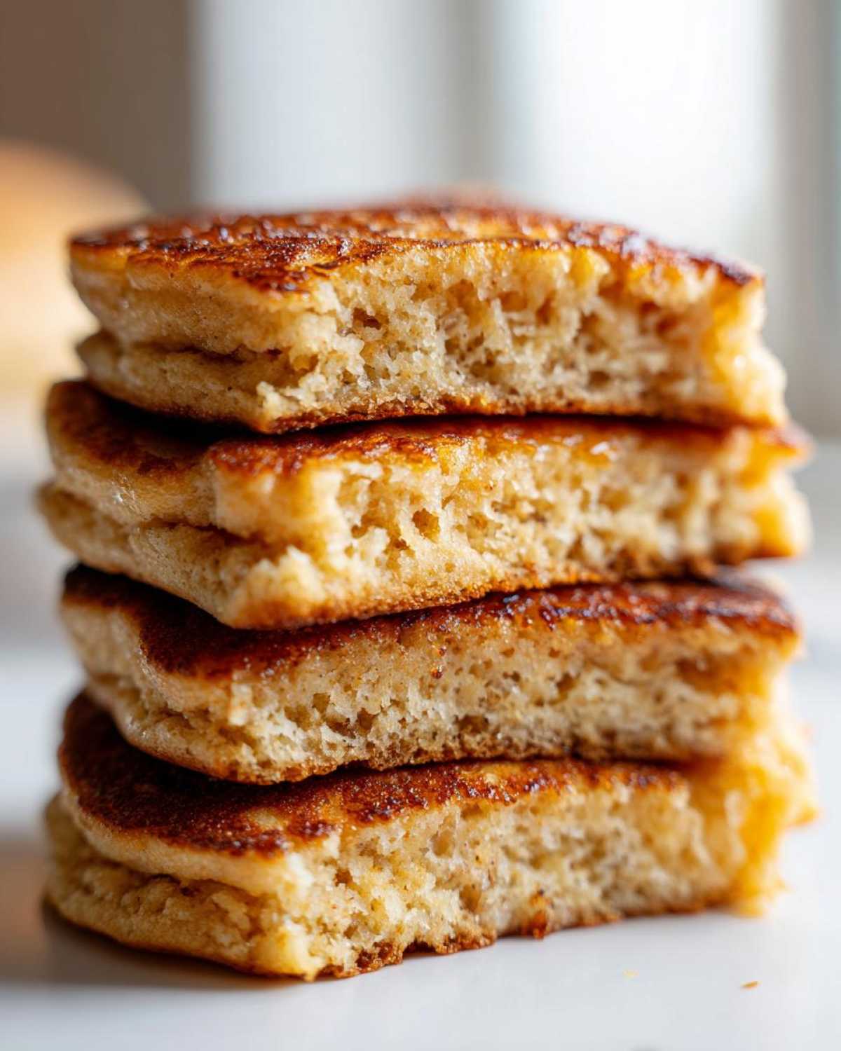 Close-up of a stack of four fluffy almond flour pancakes showing their light, airy interior texture.