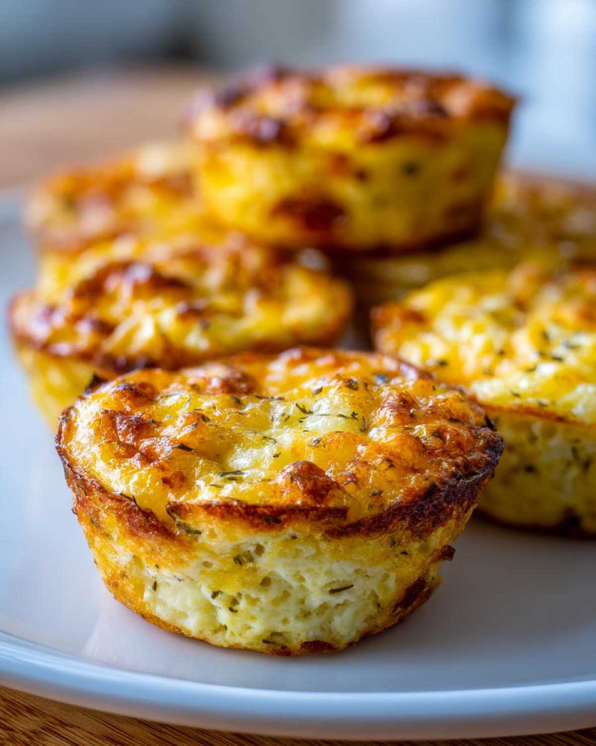 Close-up of several fluffy baked egg bites stacked on a white plate, featuring golden-brown, cheesy tops.