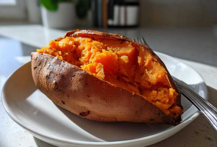 A close-up of a perfectly baked sweet potato split open, showing its bright orange, fluffy interior, resting on a white plate.